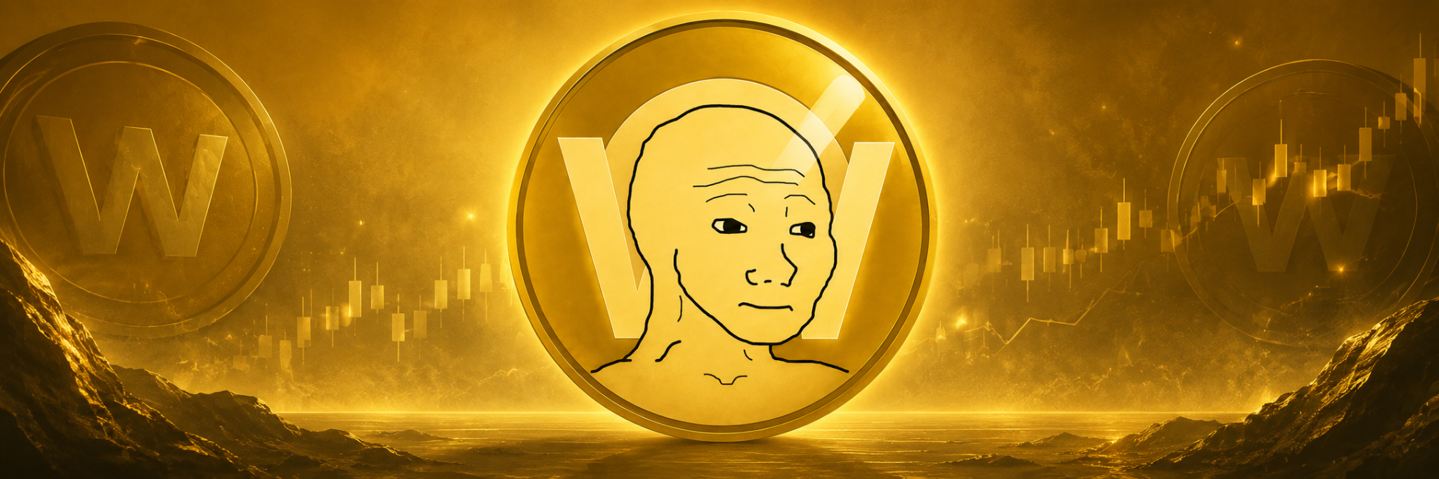 wojaKcoin golden banner with rising market candles